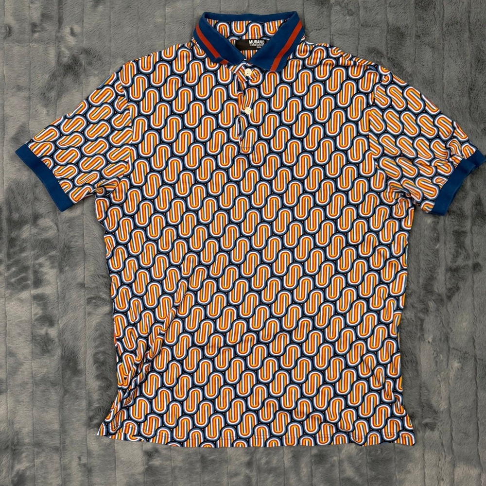 Murano Liquid Luxury Slim Fit Polo Shirt Mens Large Blue Orange Geometric Cotton